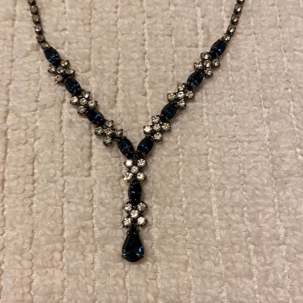 Stunning Antique vintage teardrop necklace with blue and silver stones